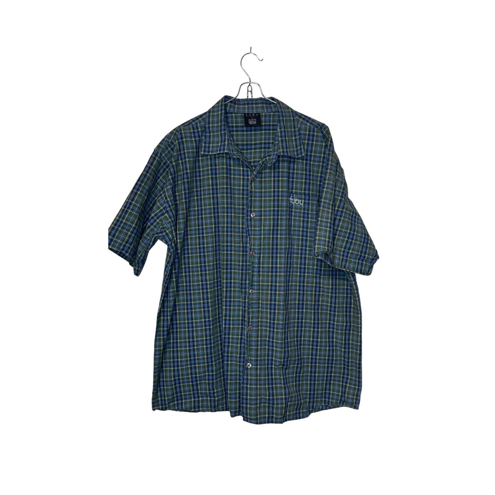 FUBU Men Shirt SS Vintage 90's Streetwear Button Up Short Sleeve Plaid Green‎ XL